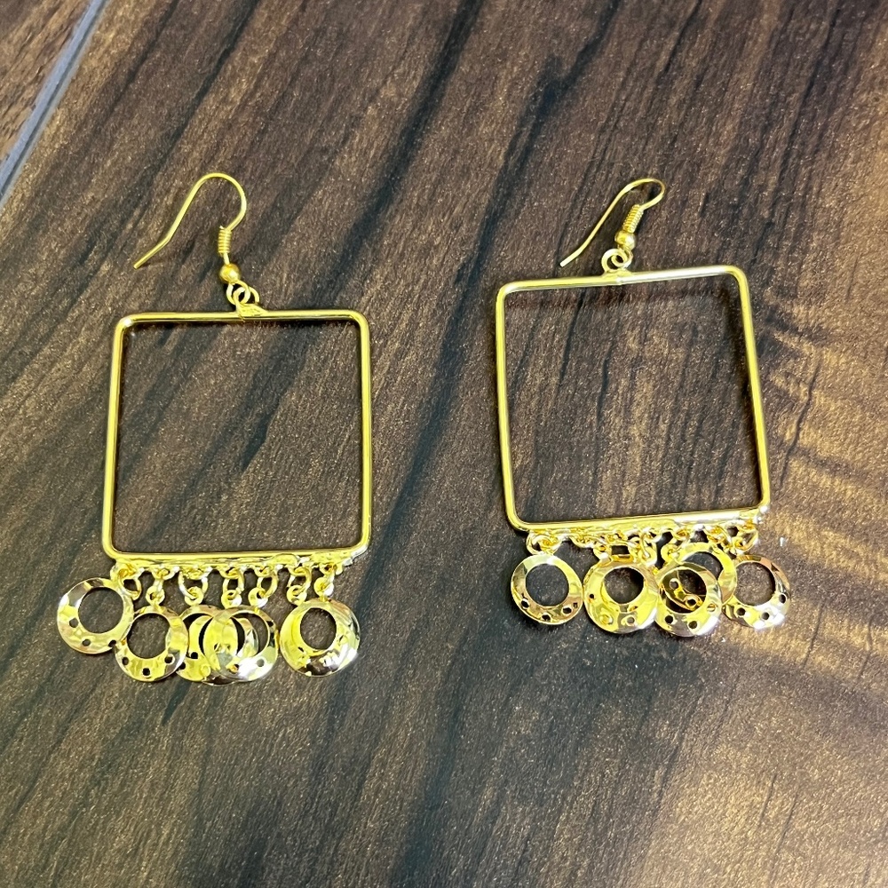 Large Open Square Gold Tone Dangle Earrings